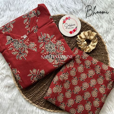 Bhoomi - Ajrakh Red Cotton Kurti pant set with lining – Sabhaa