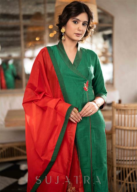 Elegant Emerald Green Cotton Silk pant & Kurta With Red Thread work On ...