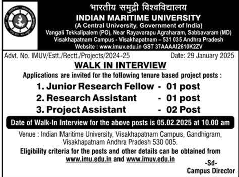 JRF and Research Assistant Posts at Indian Maritime University ...