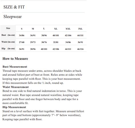 Size Chart of Women's Nightwear & Loungewear - Private Lives