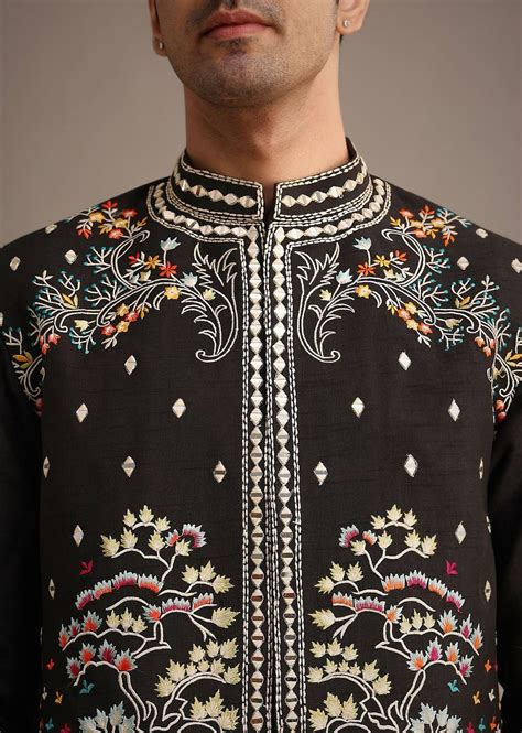 Buy Black Hand Embellished Mirror Work Jacket And Kurta Set In Silk ...