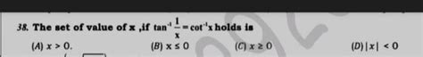 the set of value of x , if tan inverse 1/x =cot inverse x holds is ...