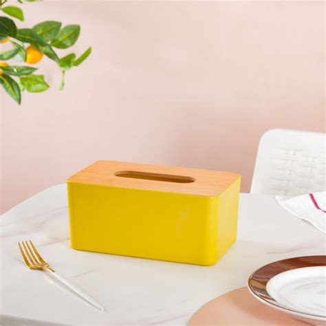Tissue Box With Wooden Lid Yellow