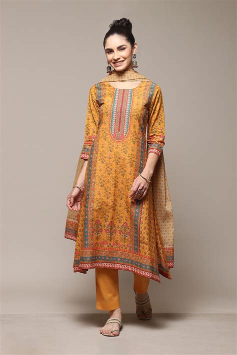 Mustard Pure Cotton Printed Kurta & Pants Suit Set at Biba India