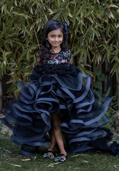 Pear Bear Beautiful Ruffle Net Black Gown with Drape for girls