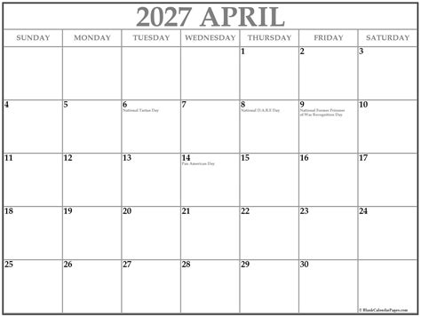 April 2027 with holidays calendar