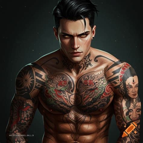 Handsome man with black hair, side part hairstyle, full body tattoo ...
