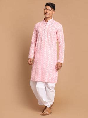 Buy Vastramay Mens Pink & White Pure Cotton Kurta & Dhoti (Set of 2) Online