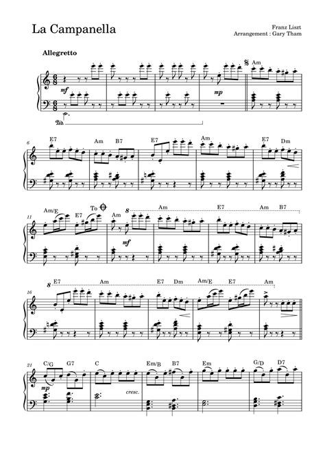 La Campanella (arr. Gary Tham) by Franz Liszt Sheet Music for Piano ...