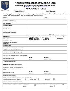 Fillable Online ncgs co APPLICATION FORM Year of Entry - North Cestrian ...