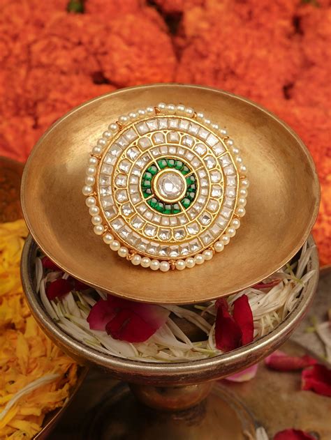Green Color Gold Plated Thappa Jadau Kundan Ring - TJ-R3WGR – Mortantra