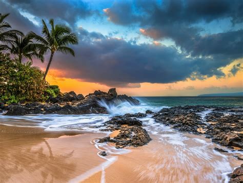 Hawaii Sunset Horizon — Palm Beach, Ocean Waves & Cloudscape