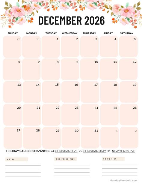 December 2026 January 2026 Calendar With Holidays Printable