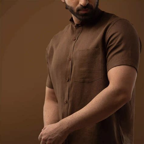 Cocoa Brown 100% Linen Mandarin Collar Half Sleeve Shirt – Sargana