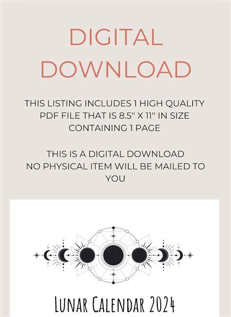 Buy 2024 Lunar Calendar Printable Moon Phase Calendar 8.5'' X 11 ...