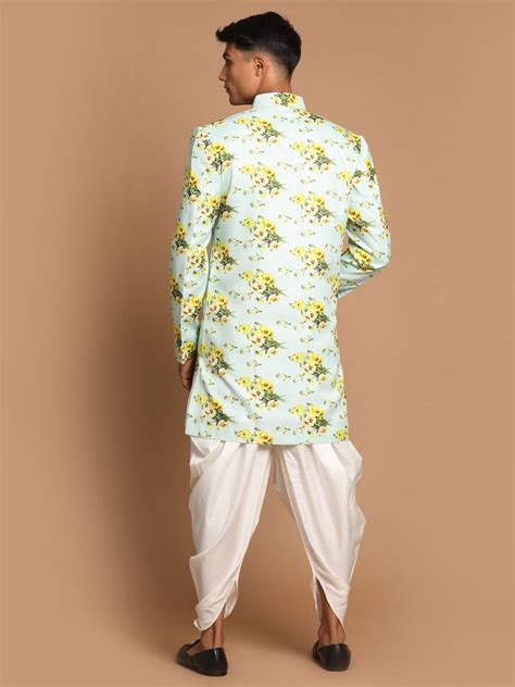 VASTRAMAY Men's Light Green Silk Blend Sherwani And White Dhoti Set ...