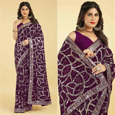 Wine Sequins Work Georgette Saree