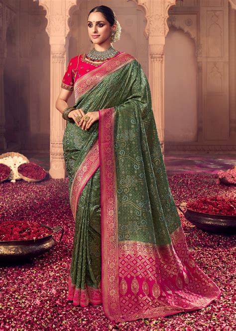 Buy Siam Green and Pink Zari Woven Designer Banarasi Saree Online ...
