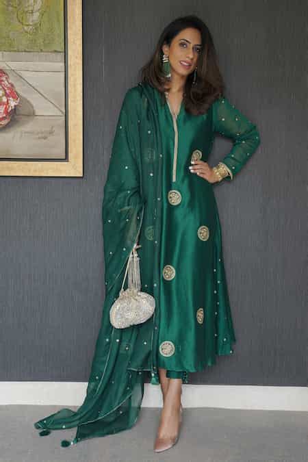 Buy Emerald Green Chanderi, Organza Embroidery Haritah Hand Kali Gusset ...