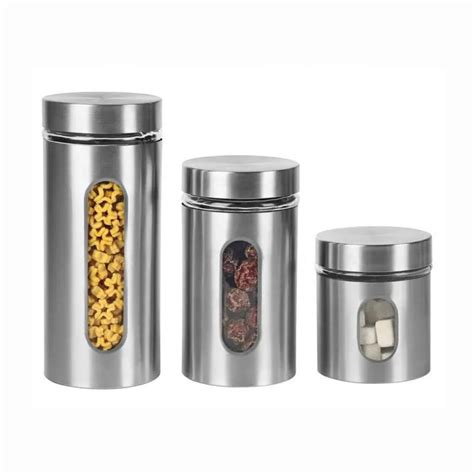 Set of 3 Pieces Stainless Steel Canister | Glass Kitchen Airtight Food ...