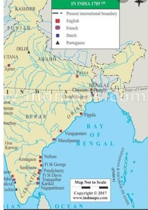 area of european companies in india during 1705 on plane map of india ...