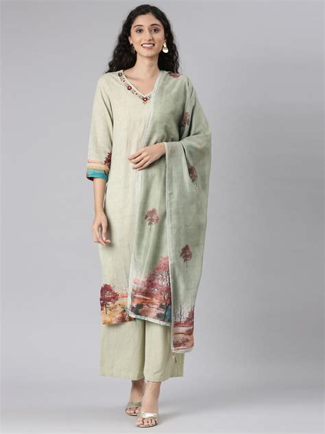 Neerus Green Solid Linen Straight Suit Set - Kurta + Palazzo + Dupatta ...