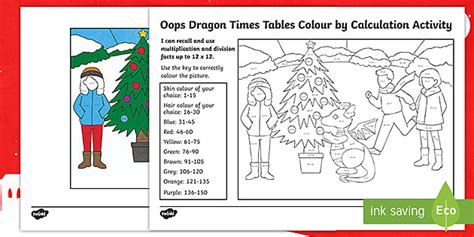 👉 Oops Dragon Times Tables Colour by Calculation Maths Worksheet