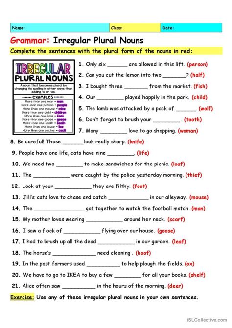 Irregular Plural Nouns Worksheet - Worksheets Printable Free