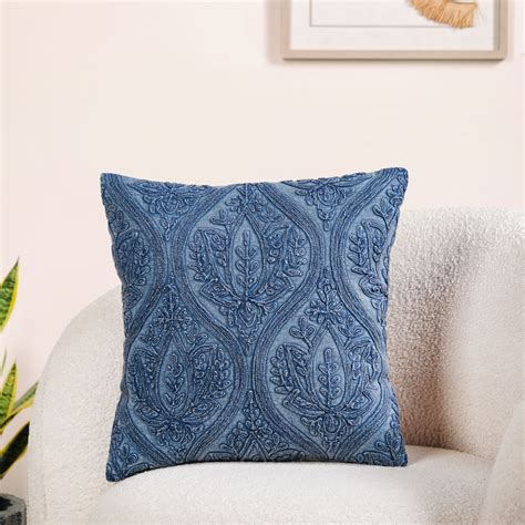 Blue Stonewash Embroidered Cotton Cushion Cover 40x40cm Online ...