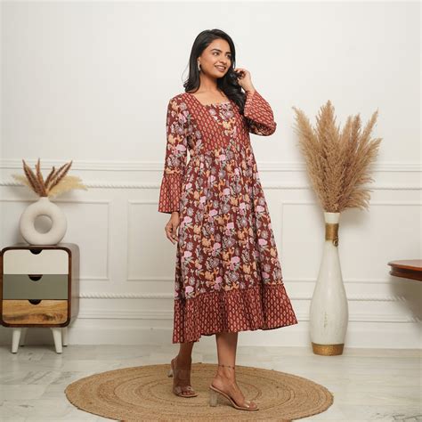 Pure Cotton Brown Mosaic Casual Midi Dress | Fashiana