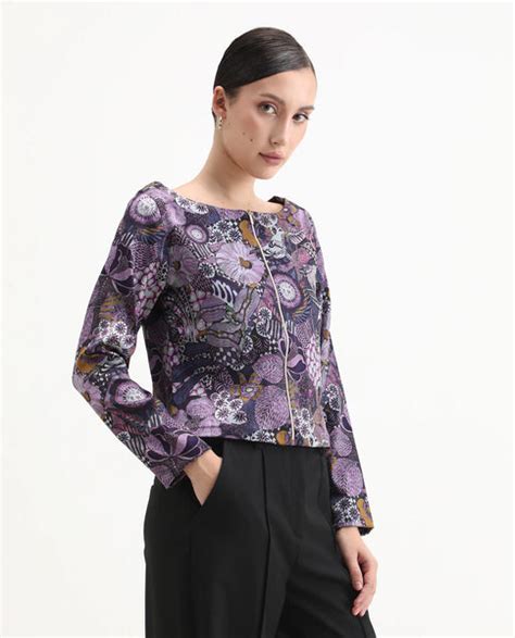 Rareism Women's Aydin Multi Satin Crew Neck Abstract Print Crop Regula