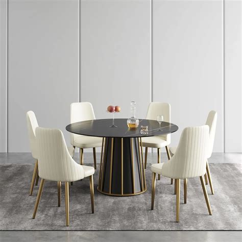 Contemporary 53 Inch Dining Table | Black Sintered Stone Top with 6 Chairs