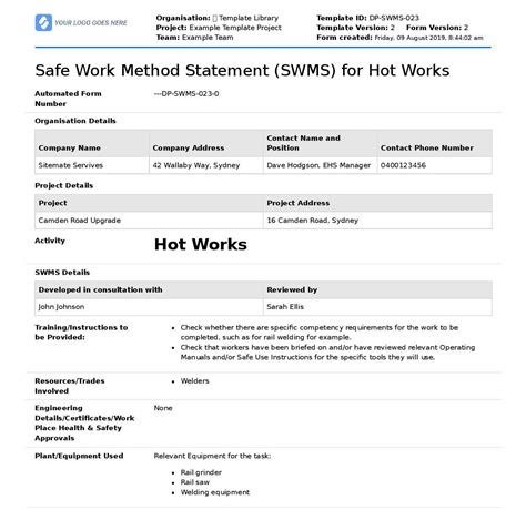 Image result for Safe Work Method Statement Form