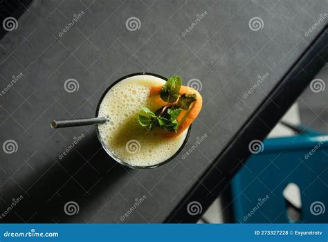 Fresh Healthy Green Juice Drink Served on Bar Counter. Detox Smoothie ...
