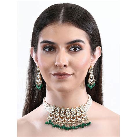 Buy Auraa Trends 22Kt Gold Plated Kundan Classic Green Choker Necklace ...