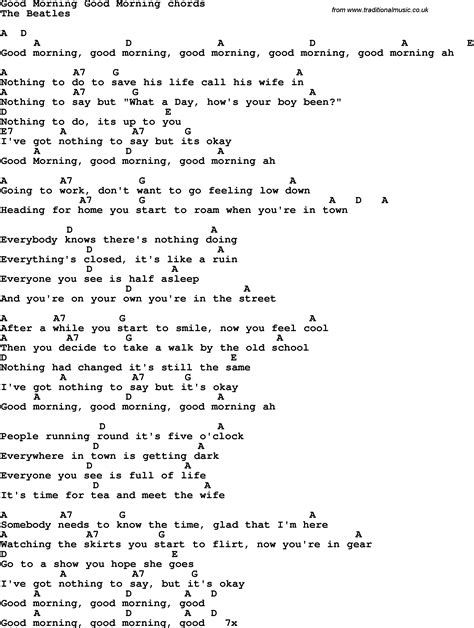 Song lyrics with guitar chords for Good Morning Good Morning