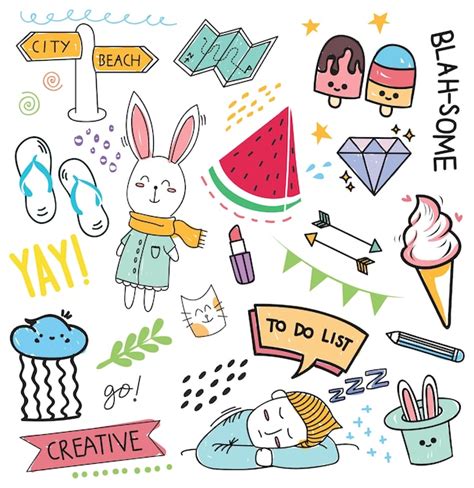 Set of design element and icon in doodle style | Premium Vector