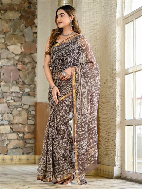 Brown jhaal hand block print pure kota doria saree – Jaipur Tex