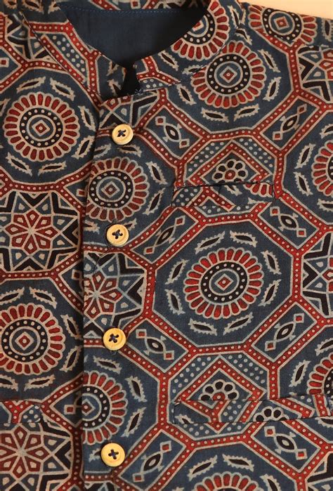 Taha Indigo Ajrakh Print Cotton Nehru Jacket – TJORI