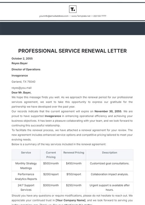 Free Professional Service Renewal Letter Template to Edit Online