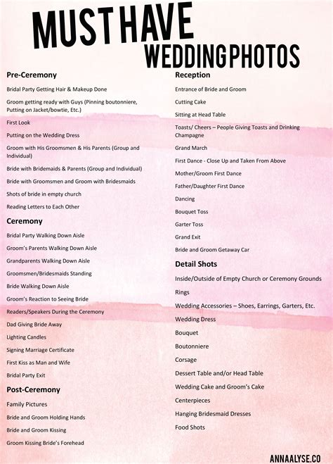 My Must Have Wedding Photos | Wedding photography checklist, Wedding ...