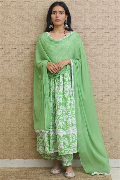 Frog Green Kantha Cotton Anarkali set – SuYu by Yukti