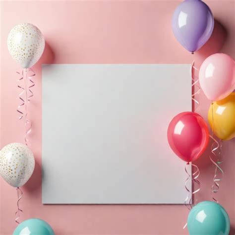 Blank card with colorful confetti balloons and confetti on pastel blue ...