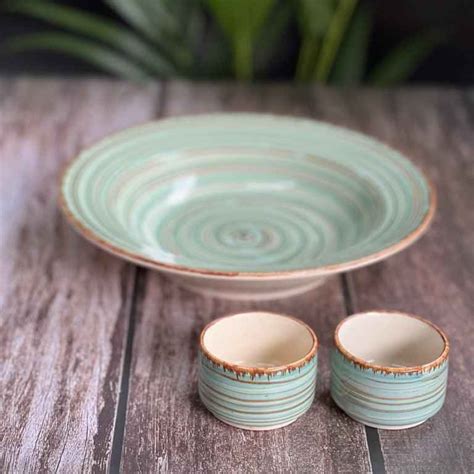 Hand Painted Ceramic Deep Starter Plate Serving Platter Tray with 2 Dip ...