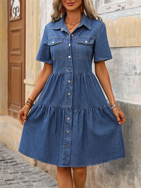 Women's Elegant Short Sleeve Slim Fit Lightweight Denim Dress, Casual A ...
