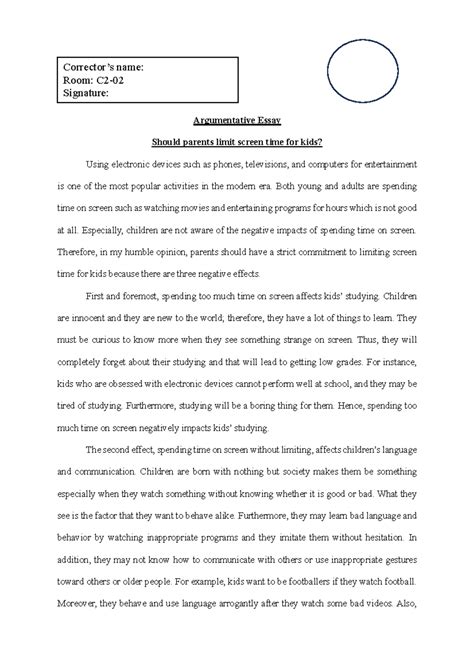 Screen time final draft - Argumentative Essay Should parents limit ...