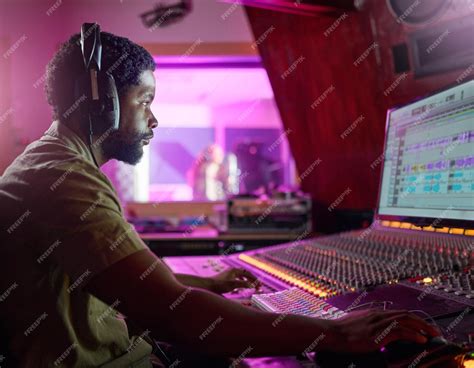 Premium Photo | Black man studio recording and music job in night with ...
