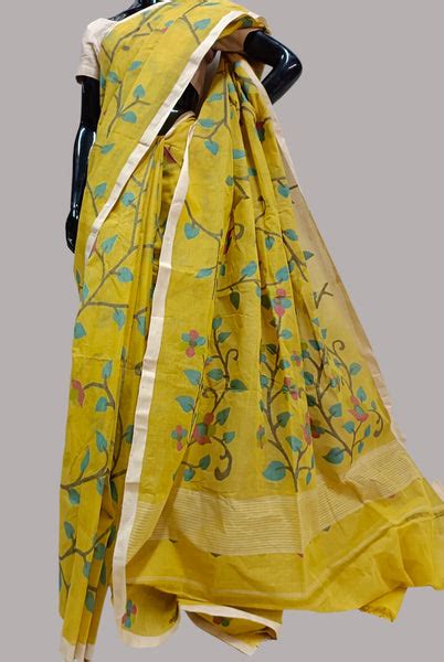 Hand Woven Traditional Cotton Jamdani Saree (Mustard) – Balaram Saha
