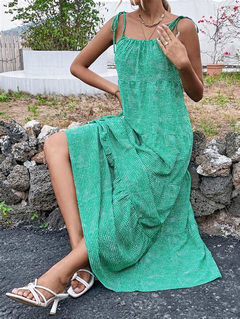 Random Dalmatian Print Tie Shoulder Ruffle Hem Cami Dress | SHEIN USA