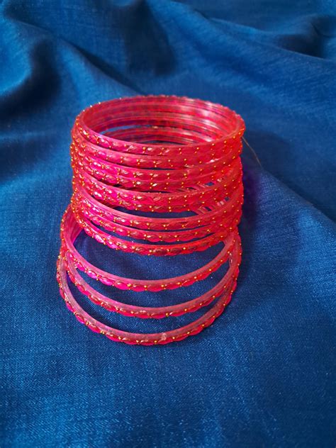 Premium Pink Raindrop Glass Bangles with Golden Beads
